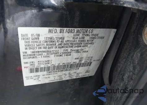 2008 Mercury Sable from USA, damaged, VIN 1MEHM40W08G622554